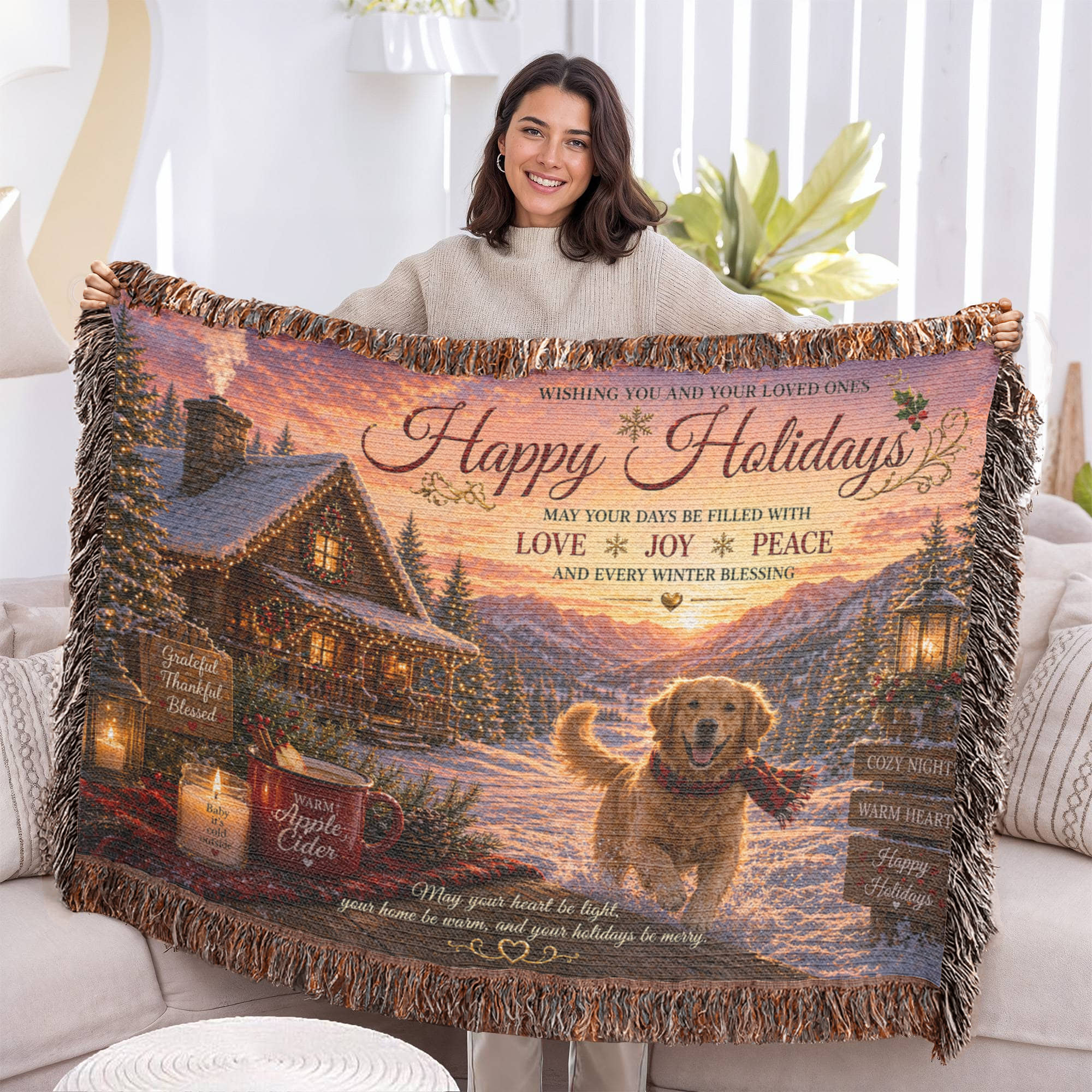 Festive Holiday Greetings In A Snowy Cabin Woven Blanket