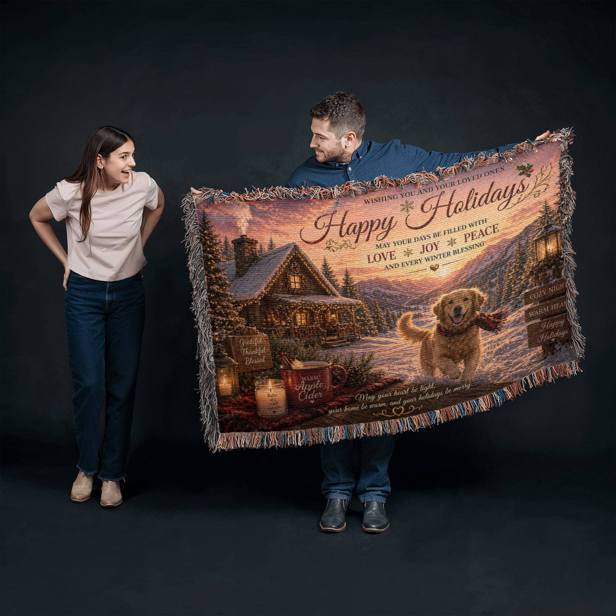Festive Holiday Greetings In A Snowy Cabin Woven Blanket