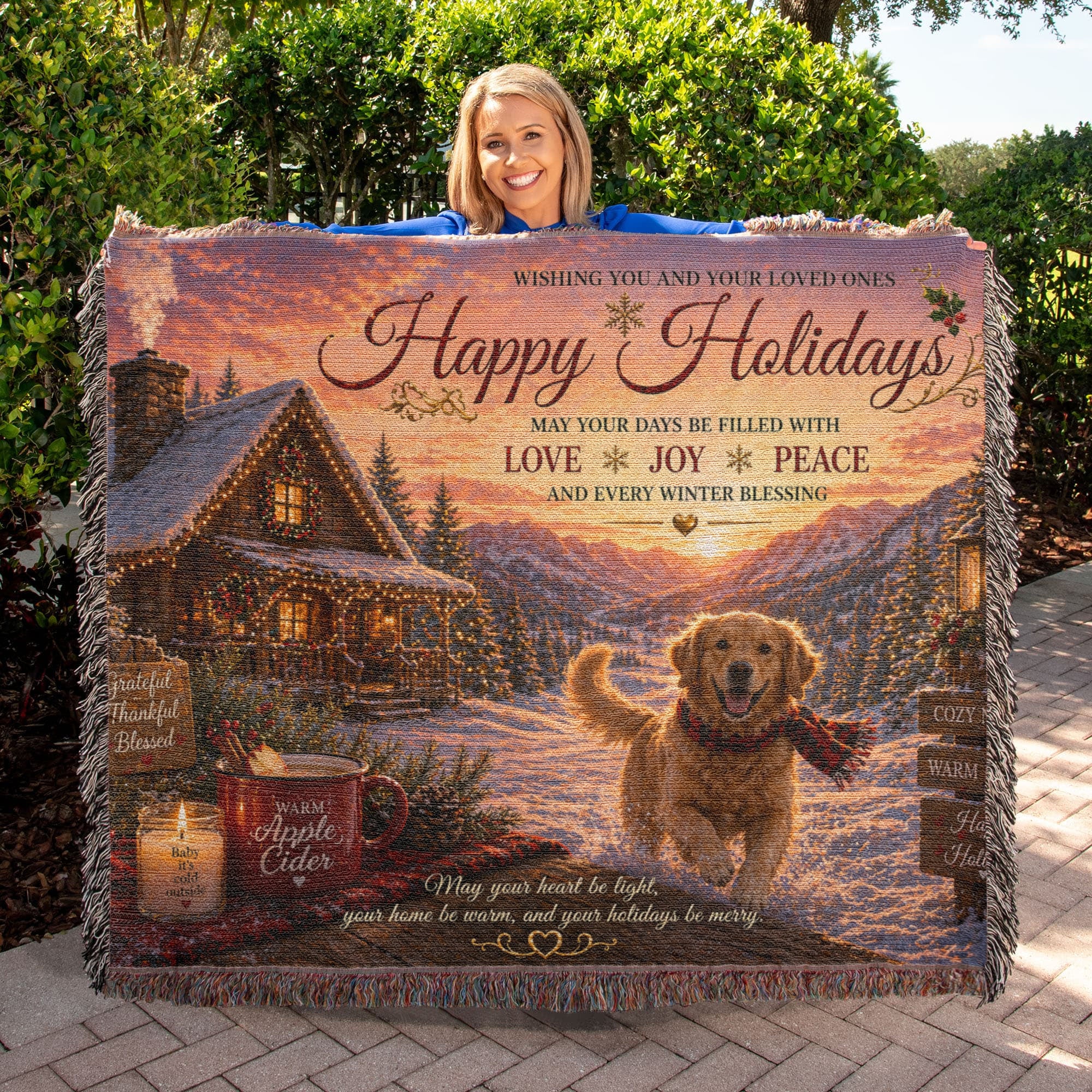 Festive Holiday Greetings In A Snowy Cabin Woven Blanket