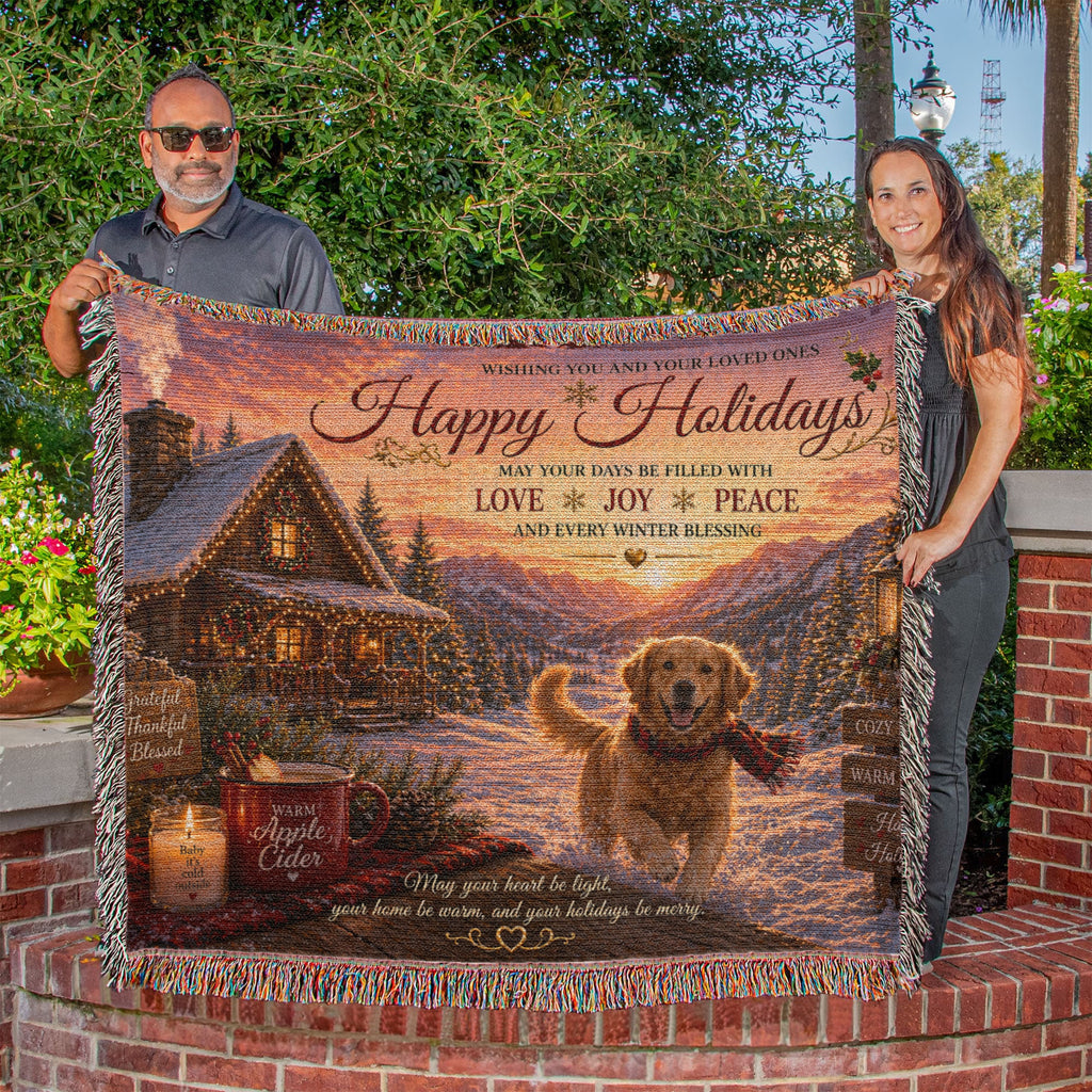 Festive Holiday Greetings In A Snowy Cabin Woven Blanket