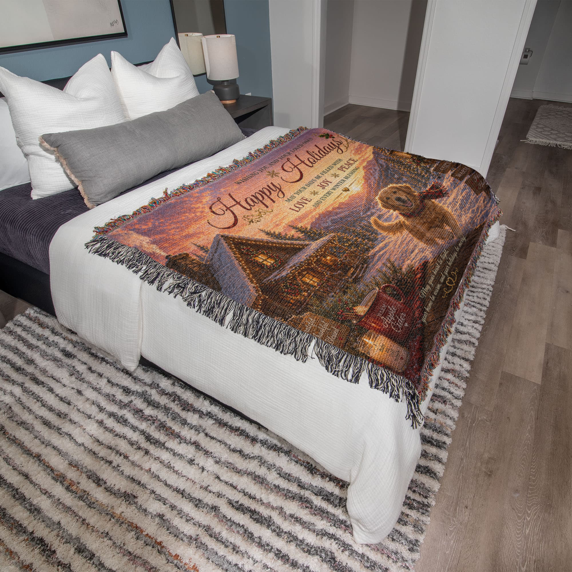 Festive Holiday Greetings In A Snowy Cabin Woven Blanket