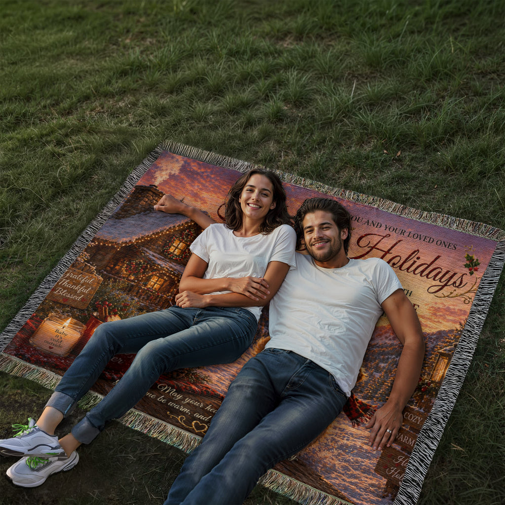 Festive Holiday Greetings In A Snowy Cabin Woven Blanket