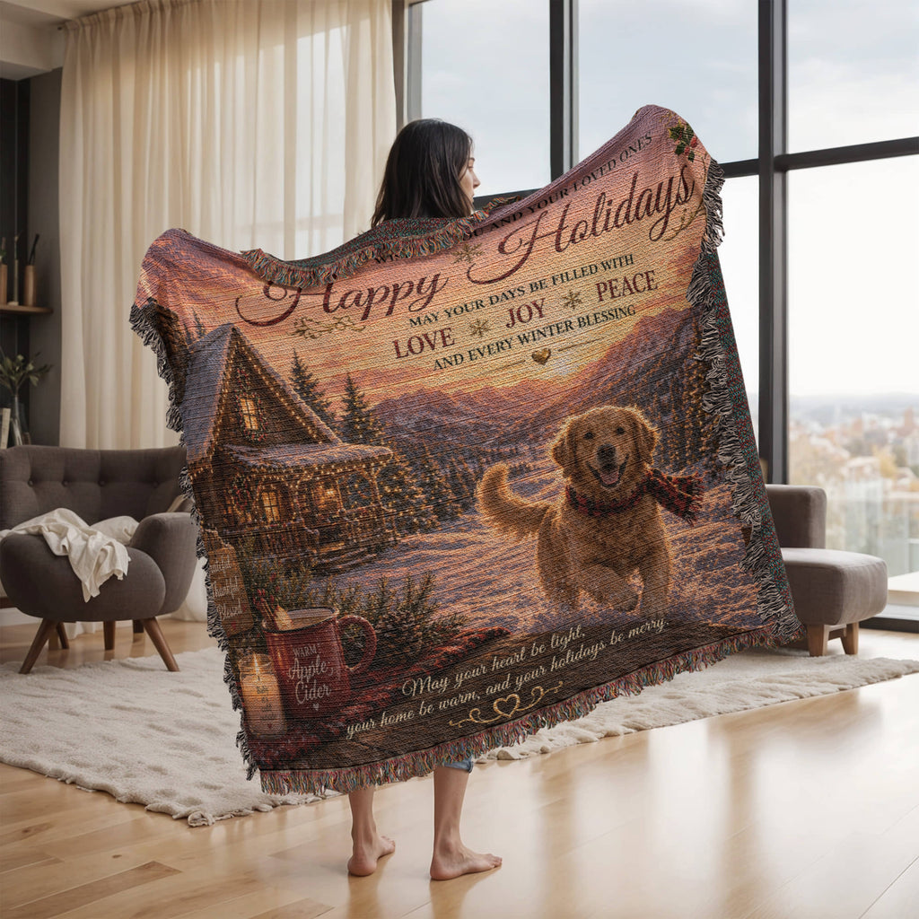 Festive Holiday Greetings In A Snowy Cabin Woven Blanket
